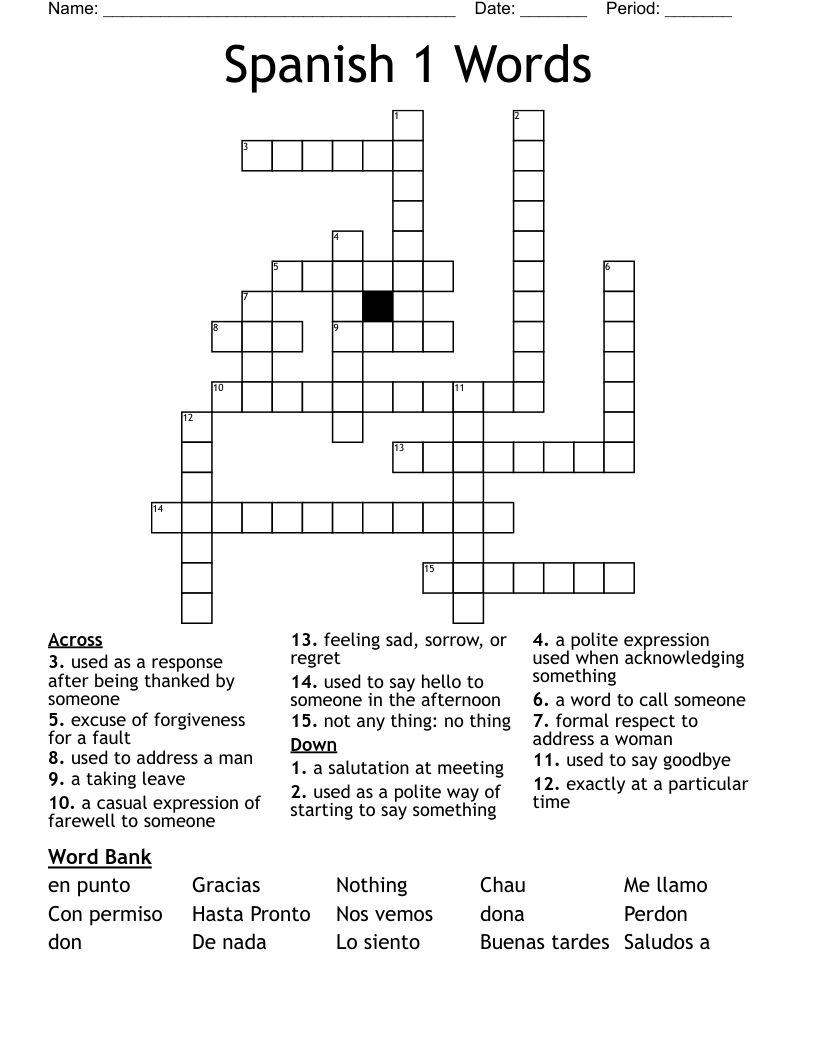 Spanish 1 Words Crossword