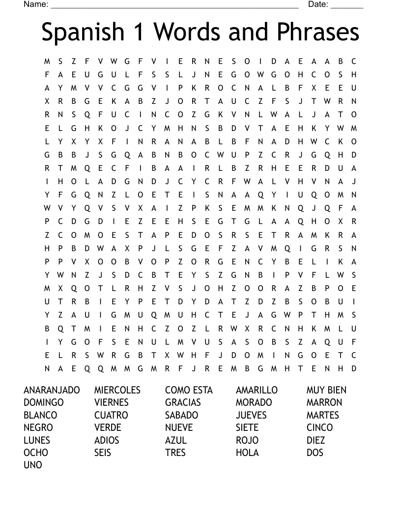 Spanish 1 Words and Phrases Word Search