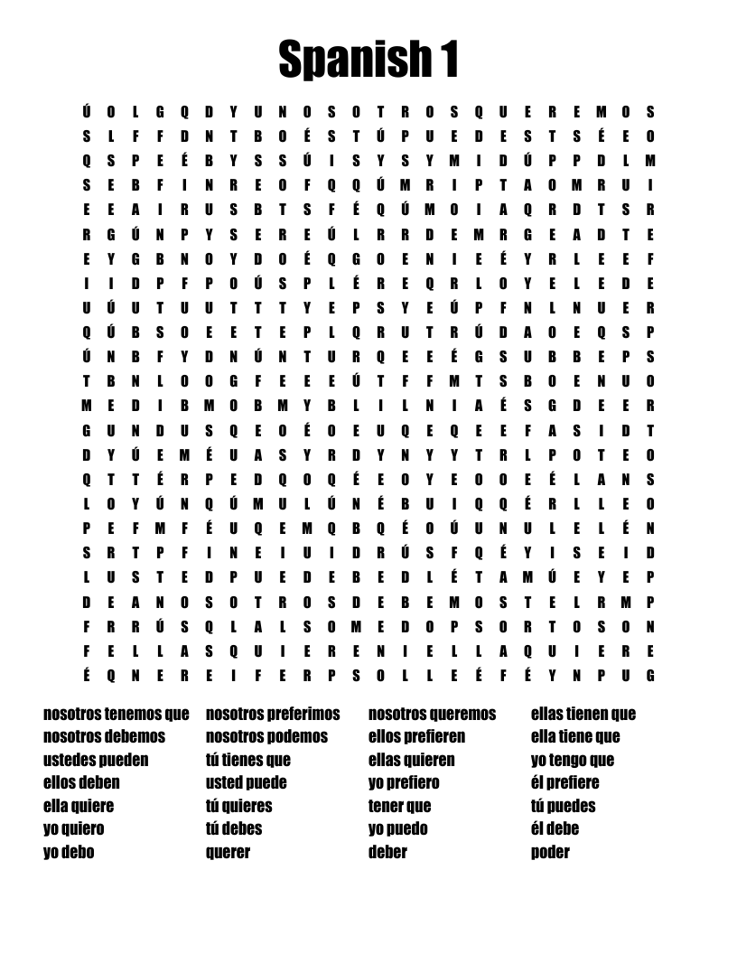 Spanish 1  Word Search