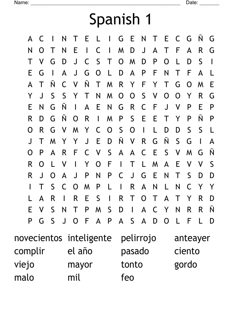 Spanish 1  Word Search