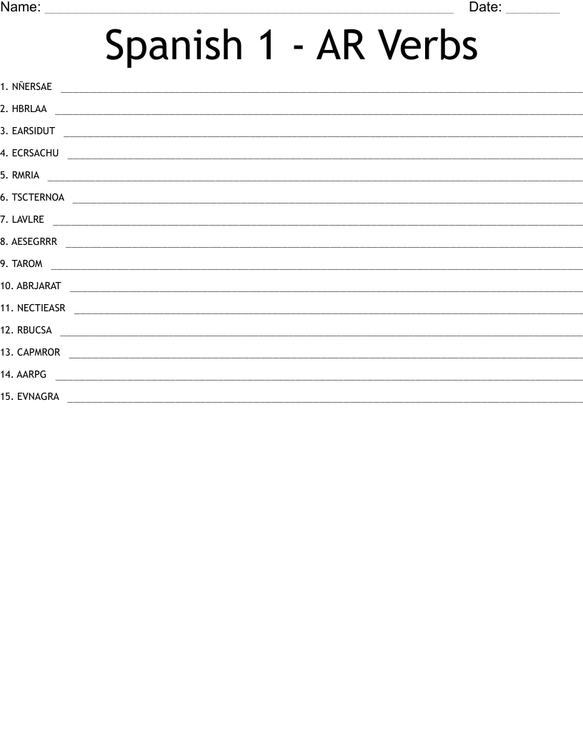 Spanish 1 - AR Verbs Word Scramble