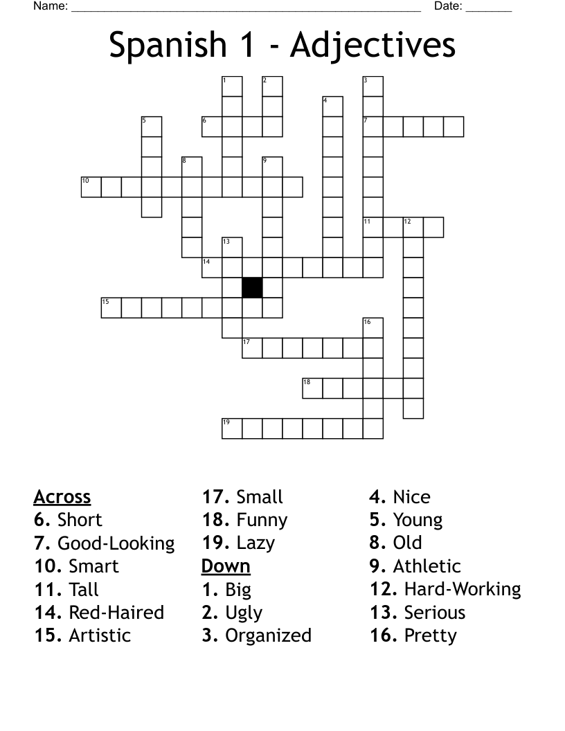 Spanish 1 - Adjectives Crossword
