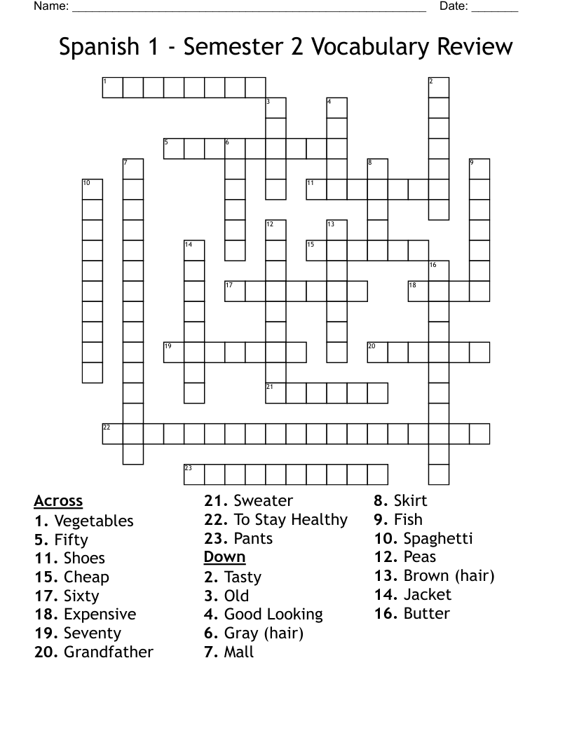 Spanish 1 - Semester 2 Vocabulary Review Crossword