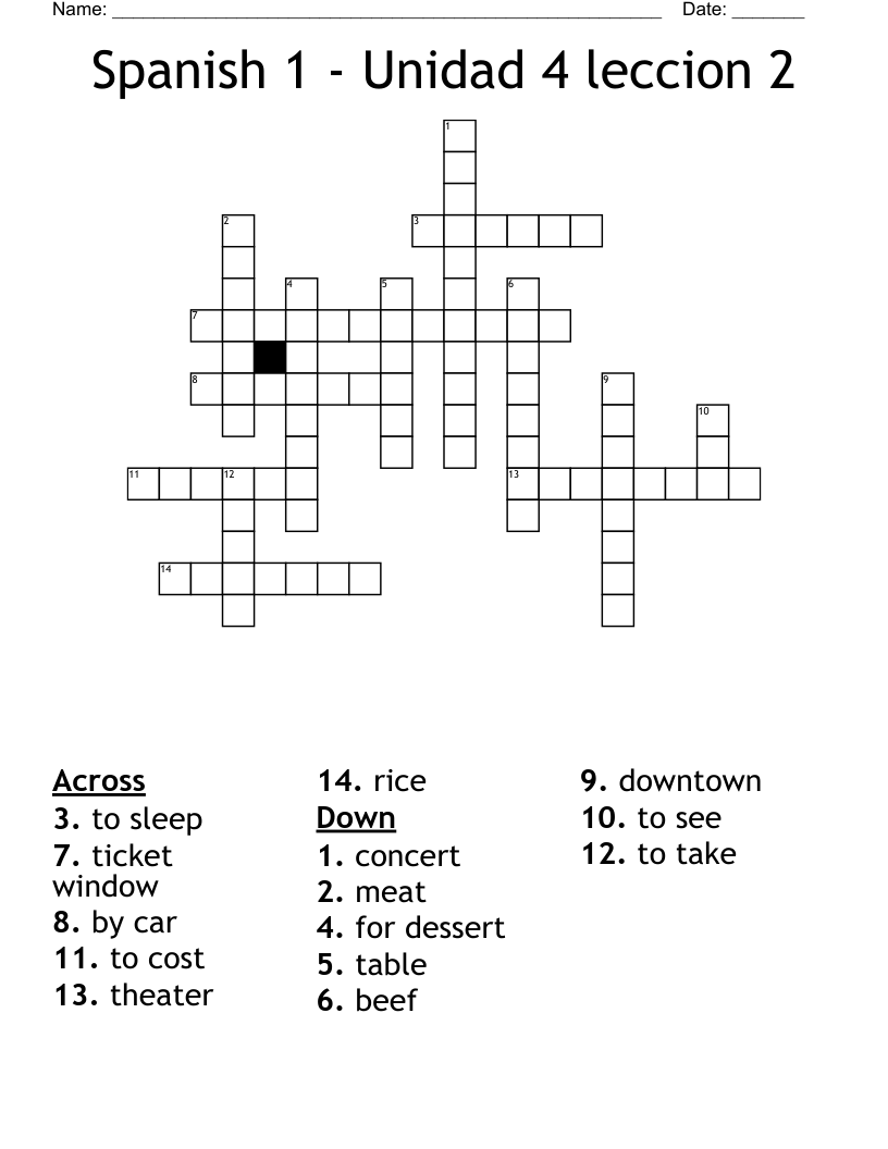 Spanish 1 - Unidad 4 leccion 2 Crossword