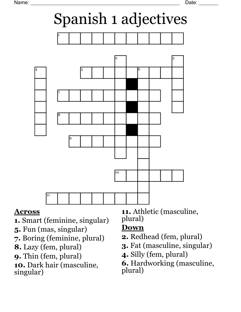 Spanish 1 adjectives Crossword
