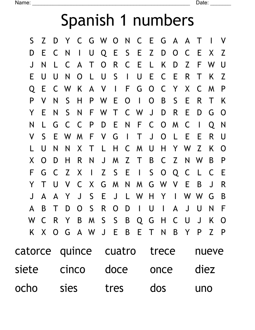 Spanish 1 numbers Word Search
