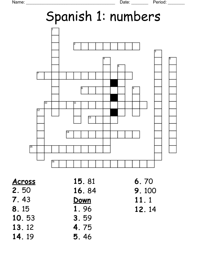 Spanish 1: numbers Crossword