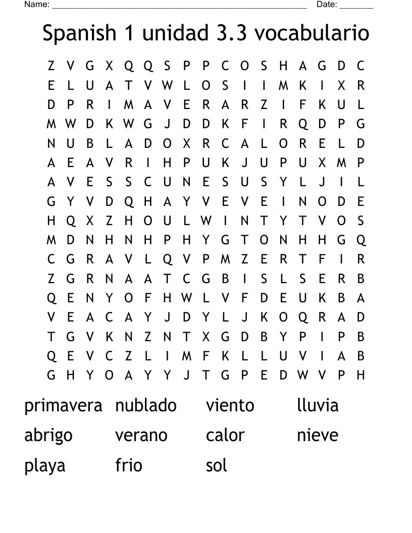 Spanish 1 unidad 3.3 vocabulario Word Search