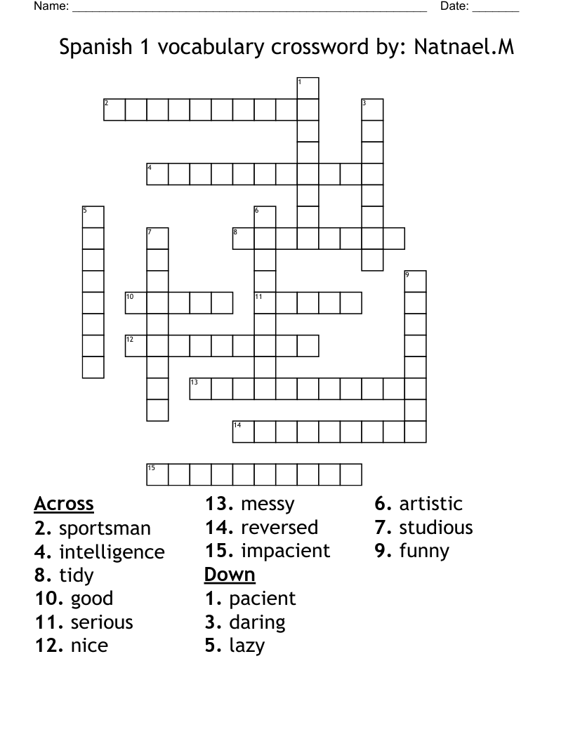 Spanish 1 vocabulary crossword by: Natnael.M