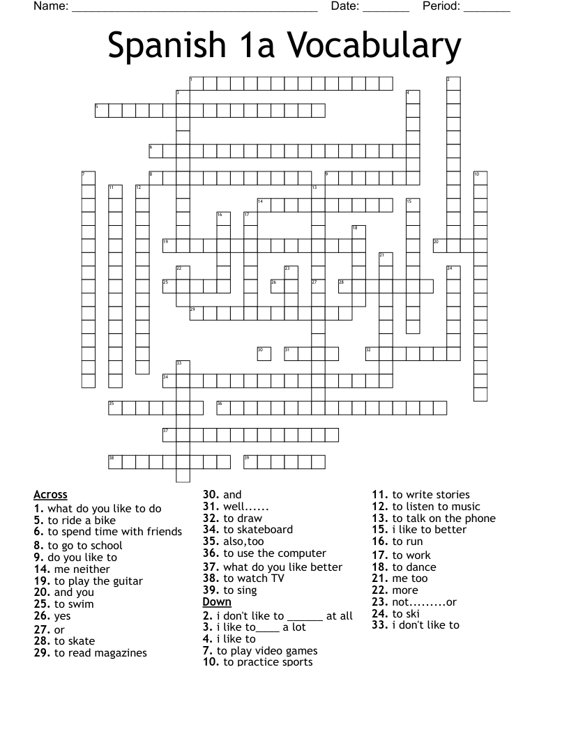 Spanish 1a Vocabulary Crossword