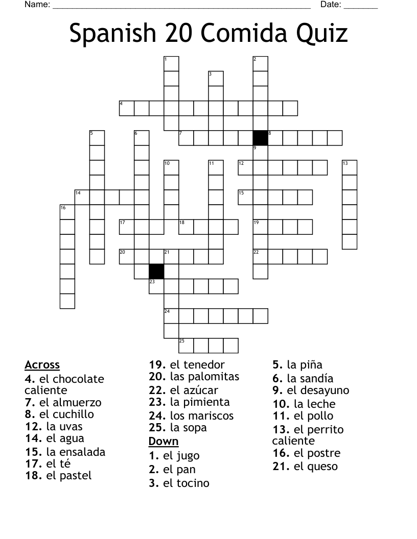 Spanish 20 Comida Quiz Crossword