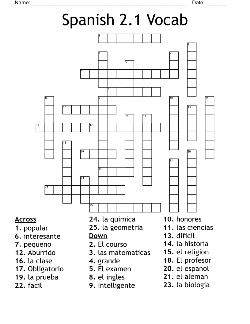 Spanish 2.1 Vocab Crossword