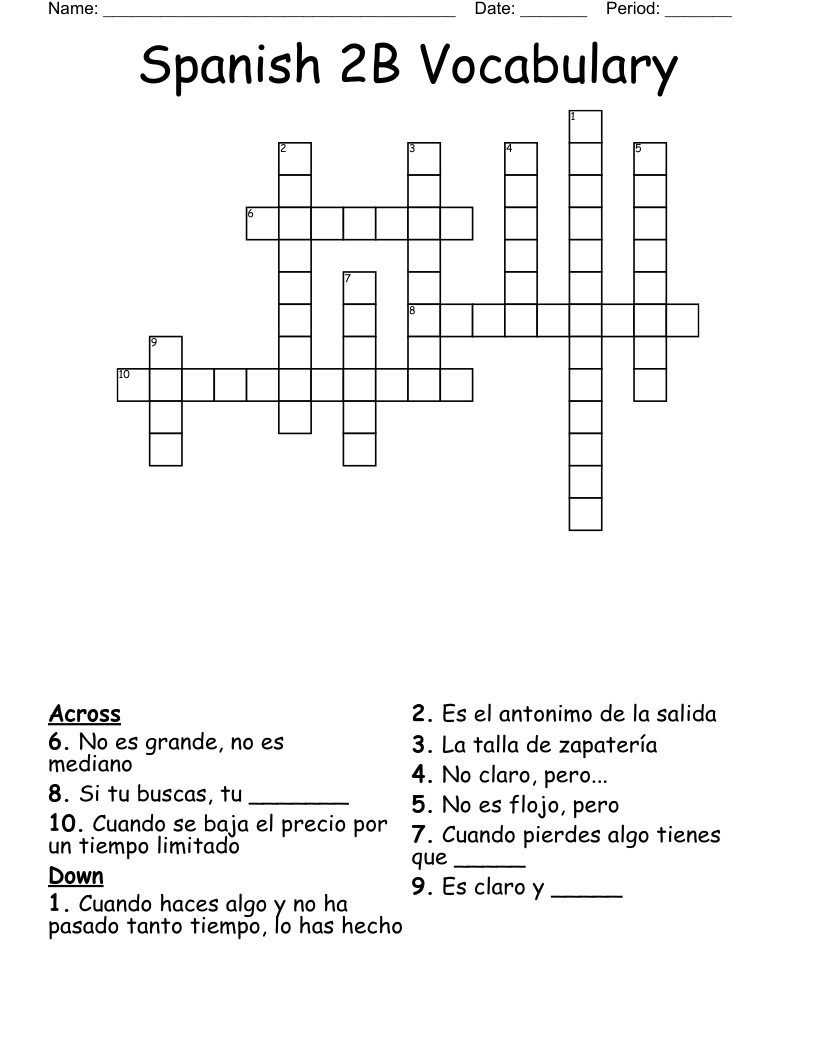 Spanish 2B Vocabulary Crossword