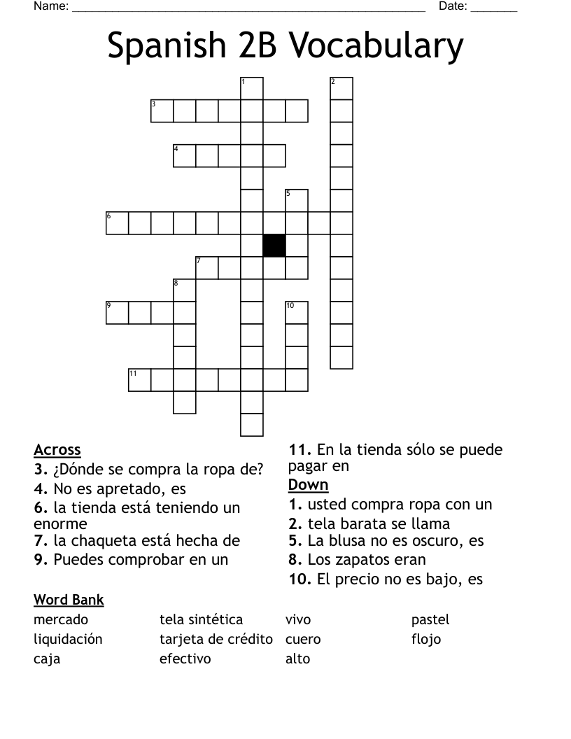 Spanish 2B Vocabulary Crossword
