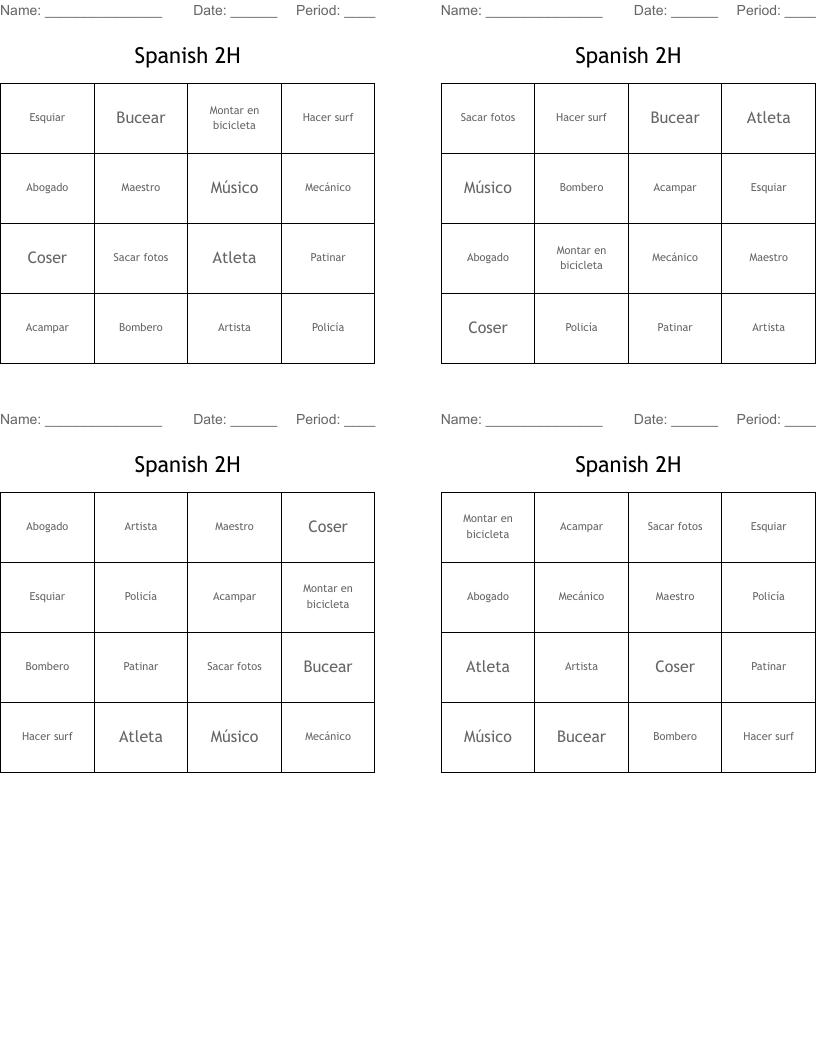 Spanish 2H Bingo Cards