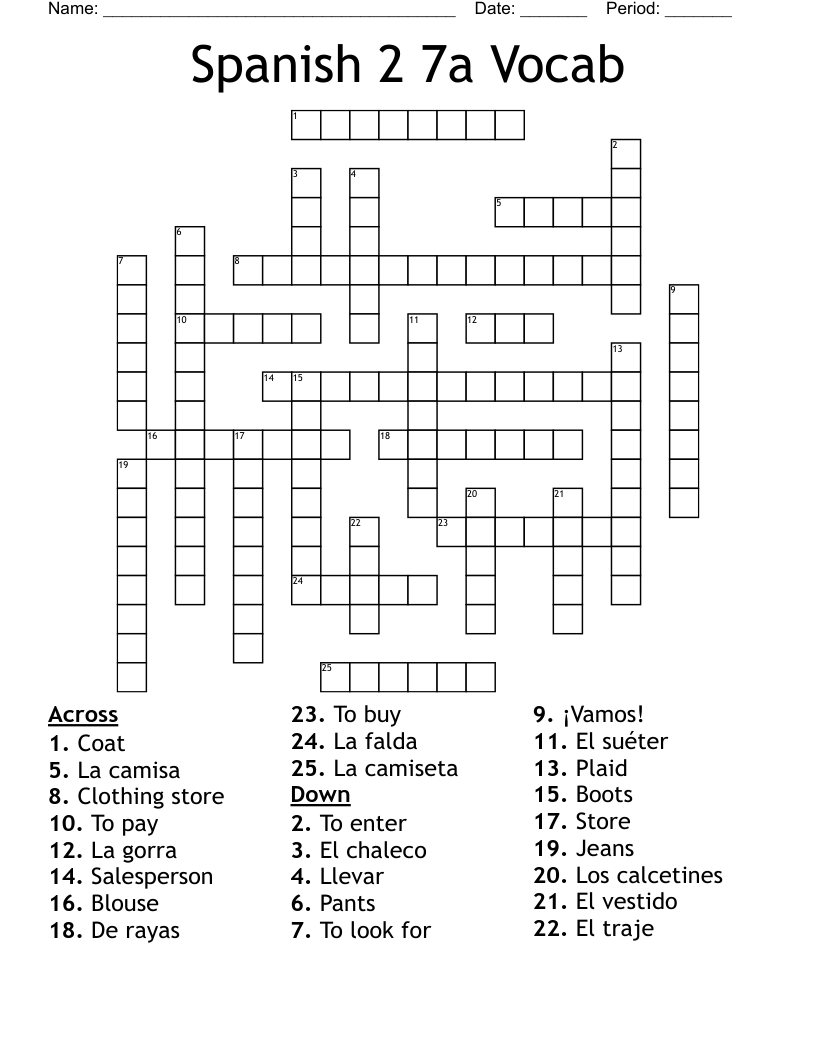 Spanish 2 7a Vocab Crossword