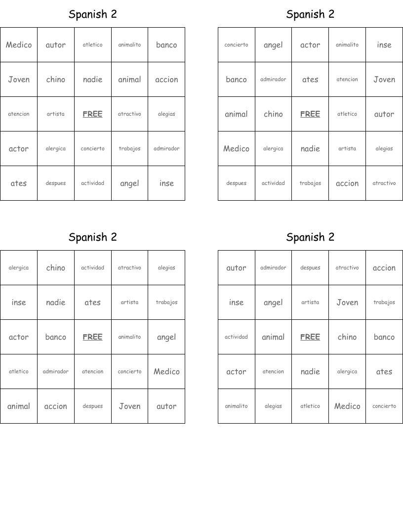 Spanish 2 Bingo Cards