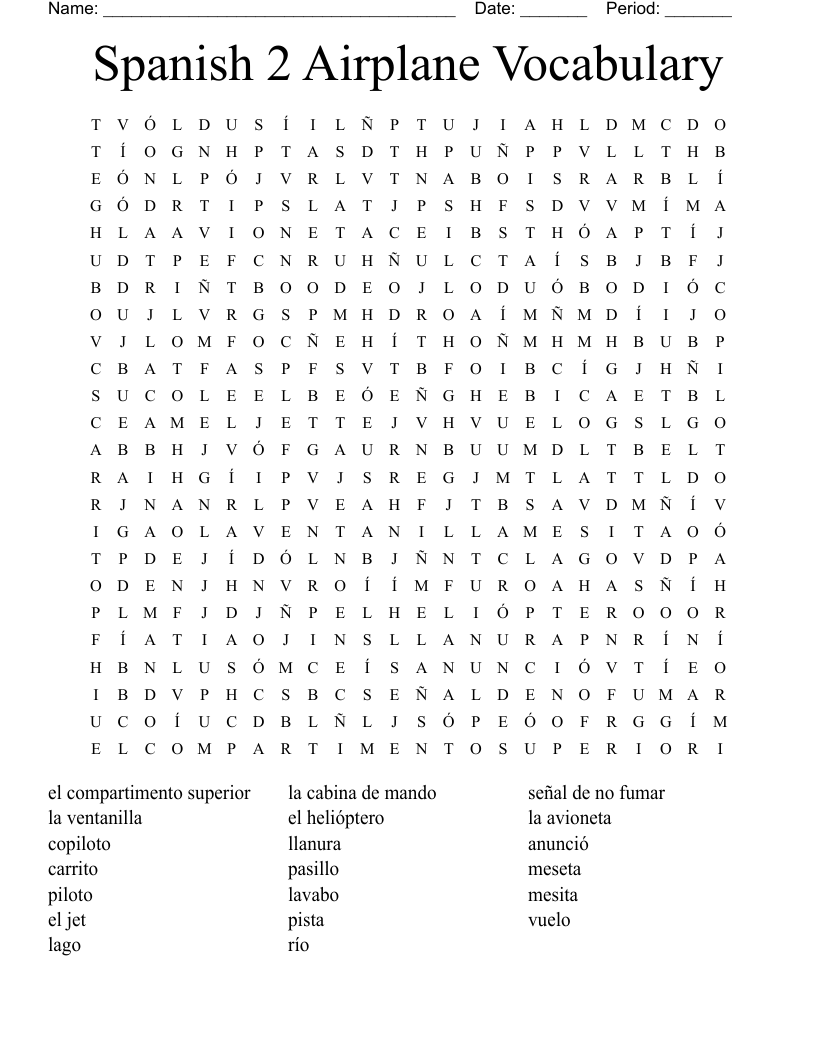 Spanish 2 Airplane Vocabulary  Word Search