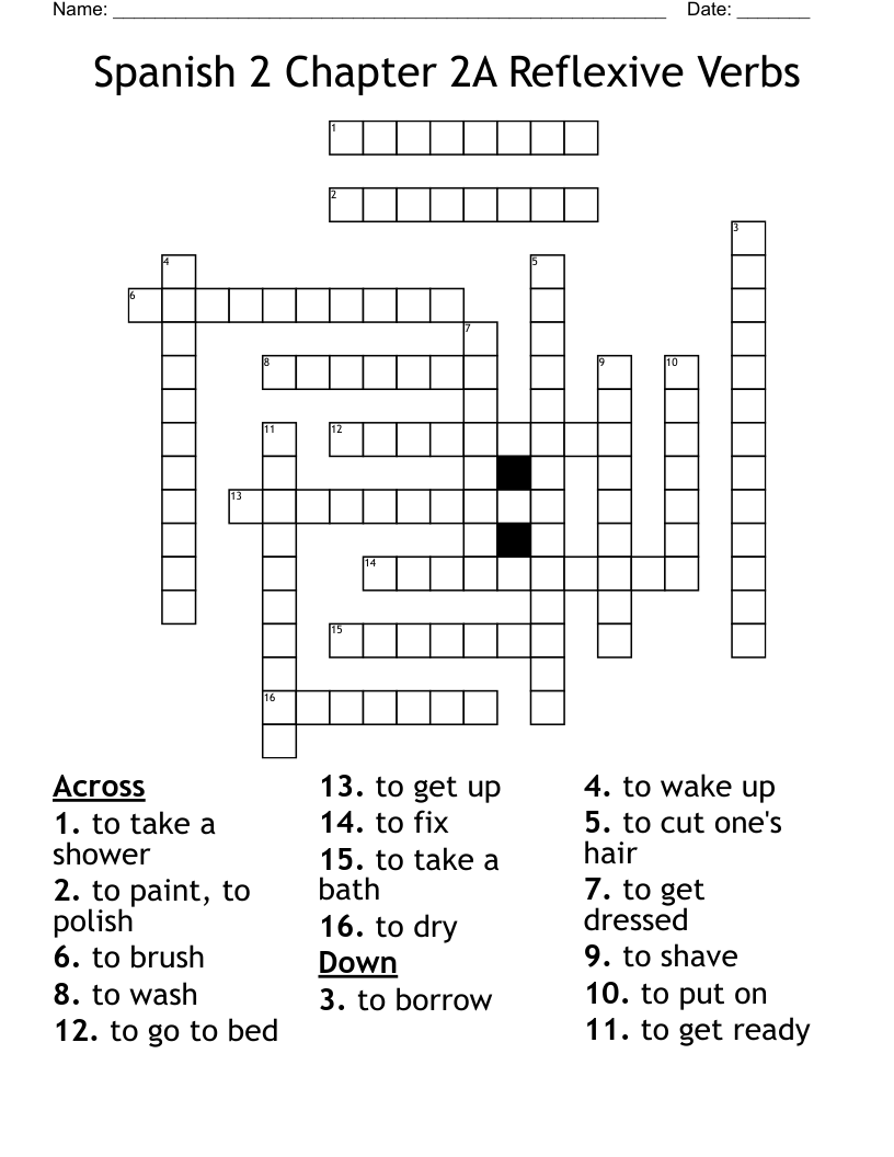 Spanish 2 Chapter 2A Reflexive Verbs Crossword