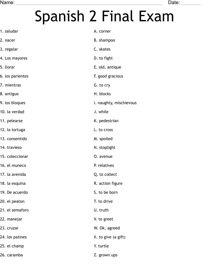 Spanish 2 Final Exam Worksheet