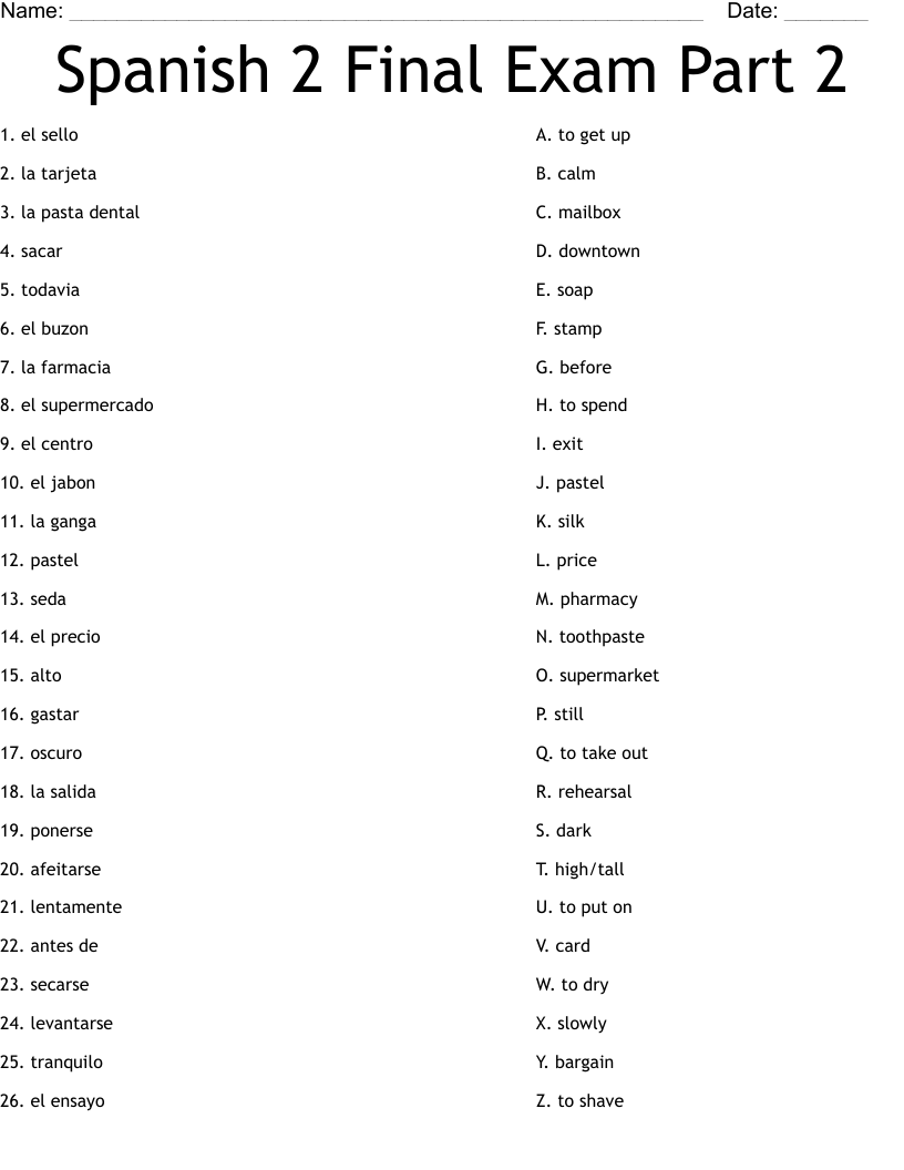 Spanish 2 Final Exam Part 2 Worksheet
