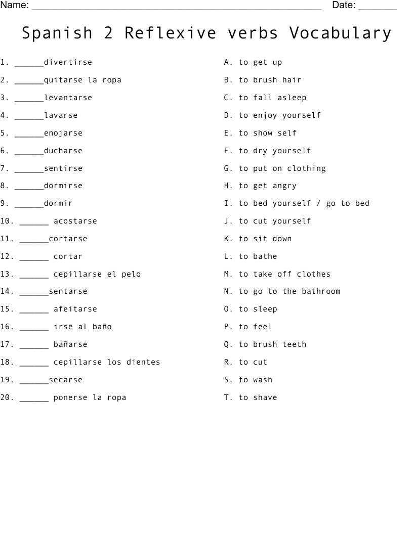 Spanish 2 Reflexive verbs Vocabulary Worksheet