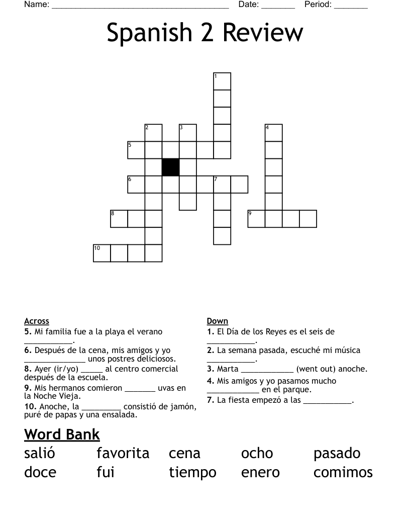 Spanish 2 Review Crossword