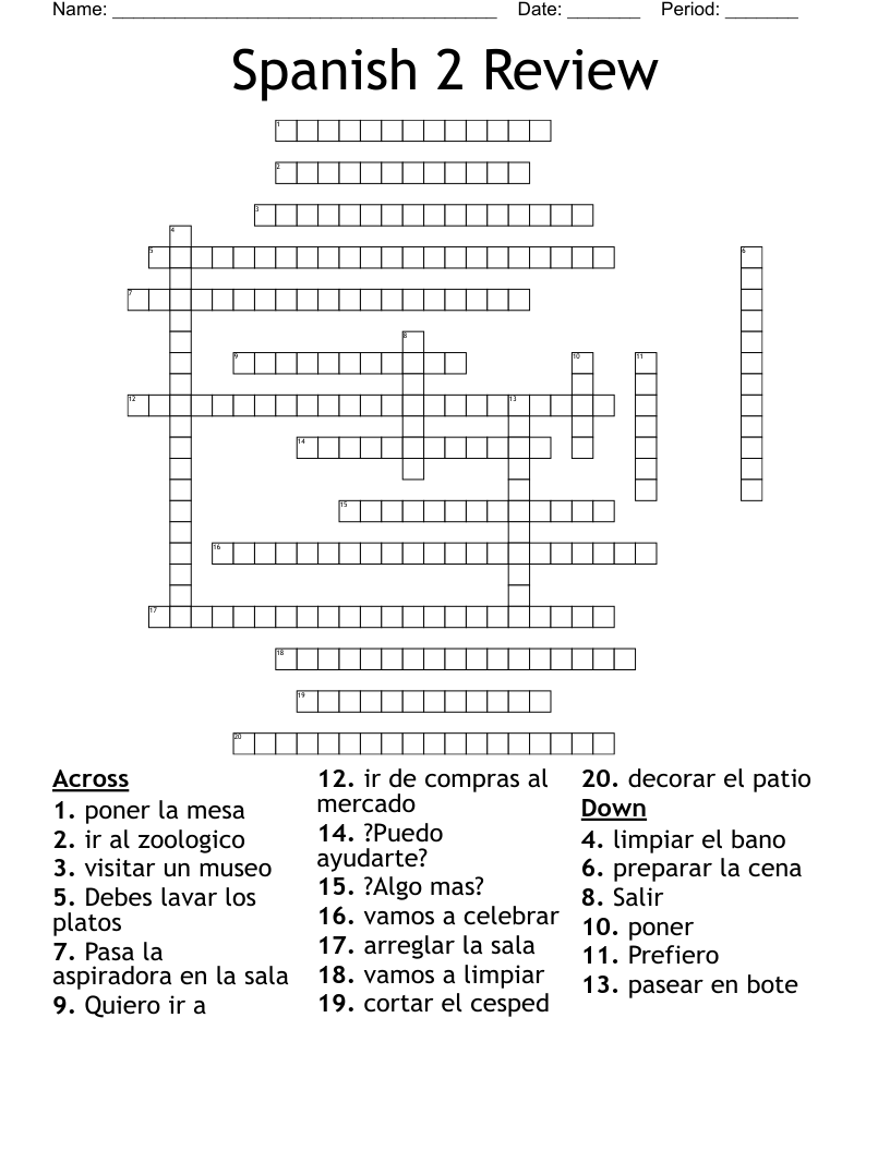 Spanish 2 Review Crossword