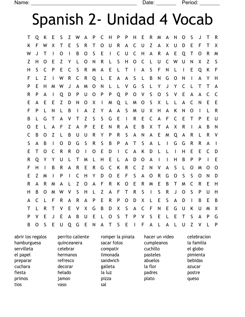 Spanish 2- Unidad 4 Vocab Word Search