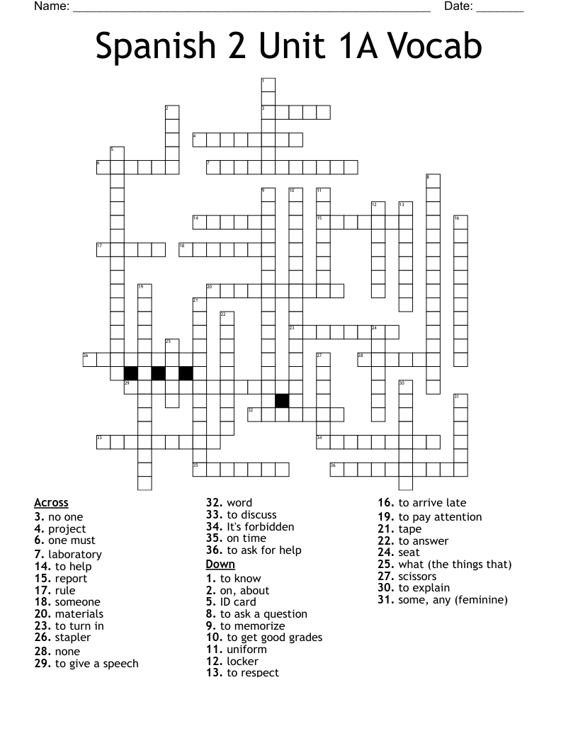 Spanish 2 Unit 1A Vocab Crossword