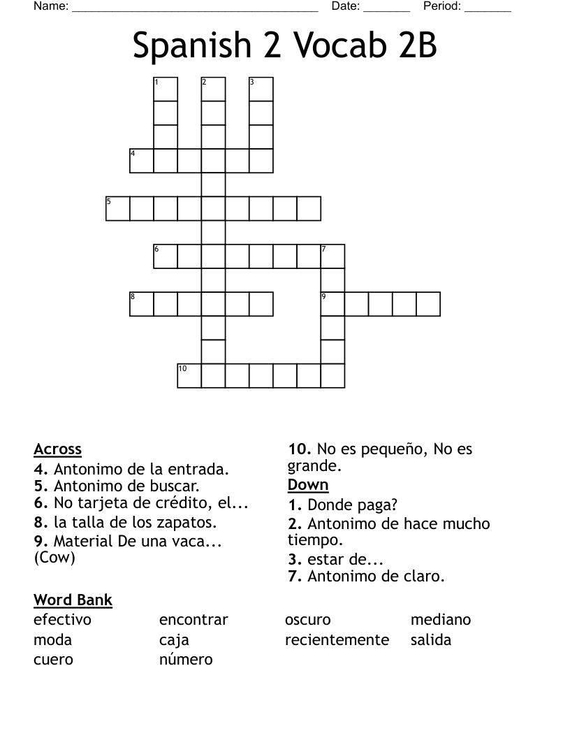 Spanish 2 Vocab 2B Crossword