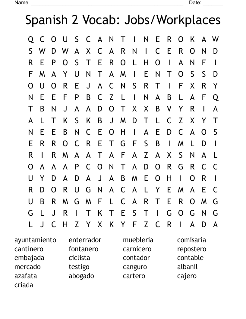 Spanish 2 Vocab: Jobs/Workplaces Word Search