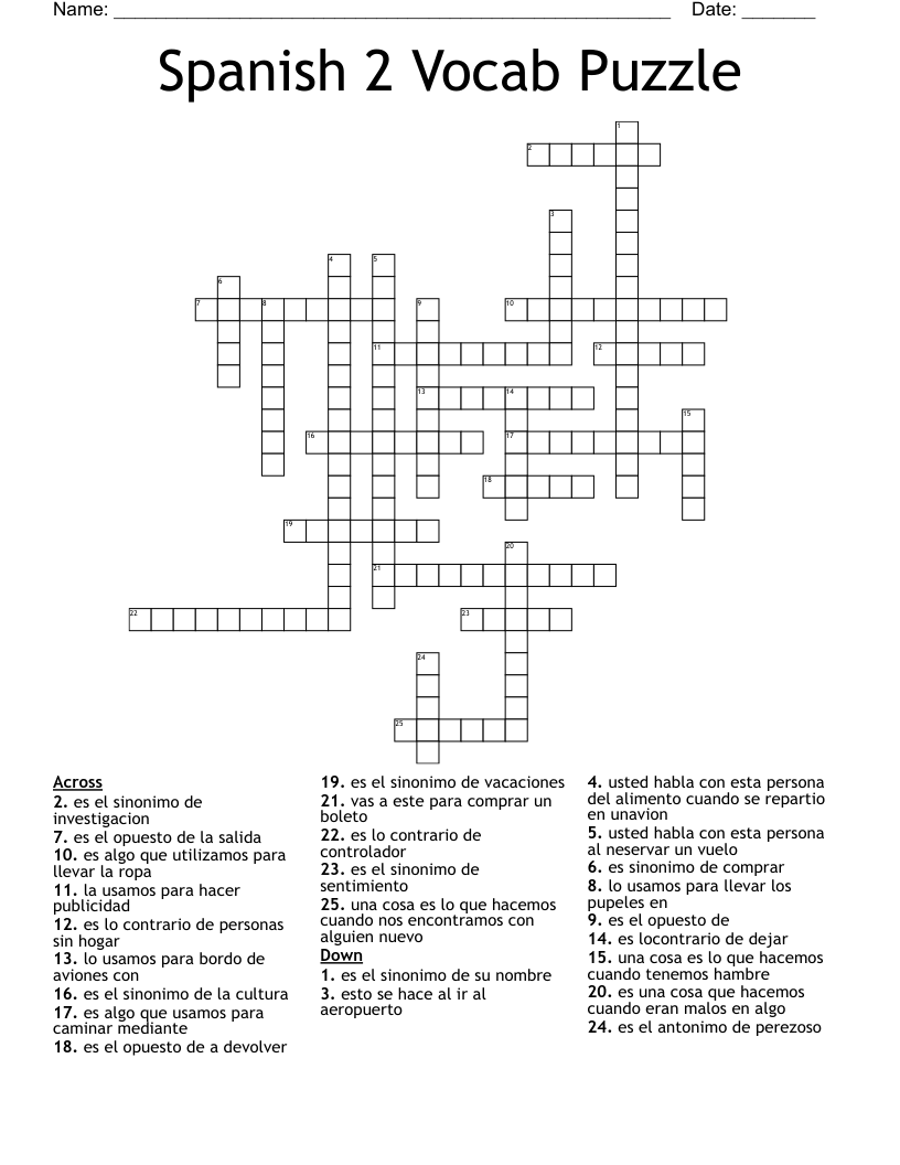 Spanish 2 Vocab Puzzle Crossword