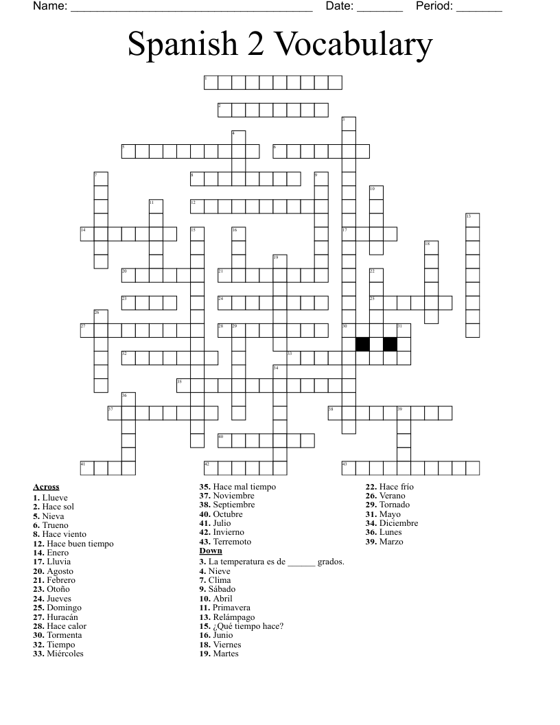 Spanish 2 Vocabulary Crossword