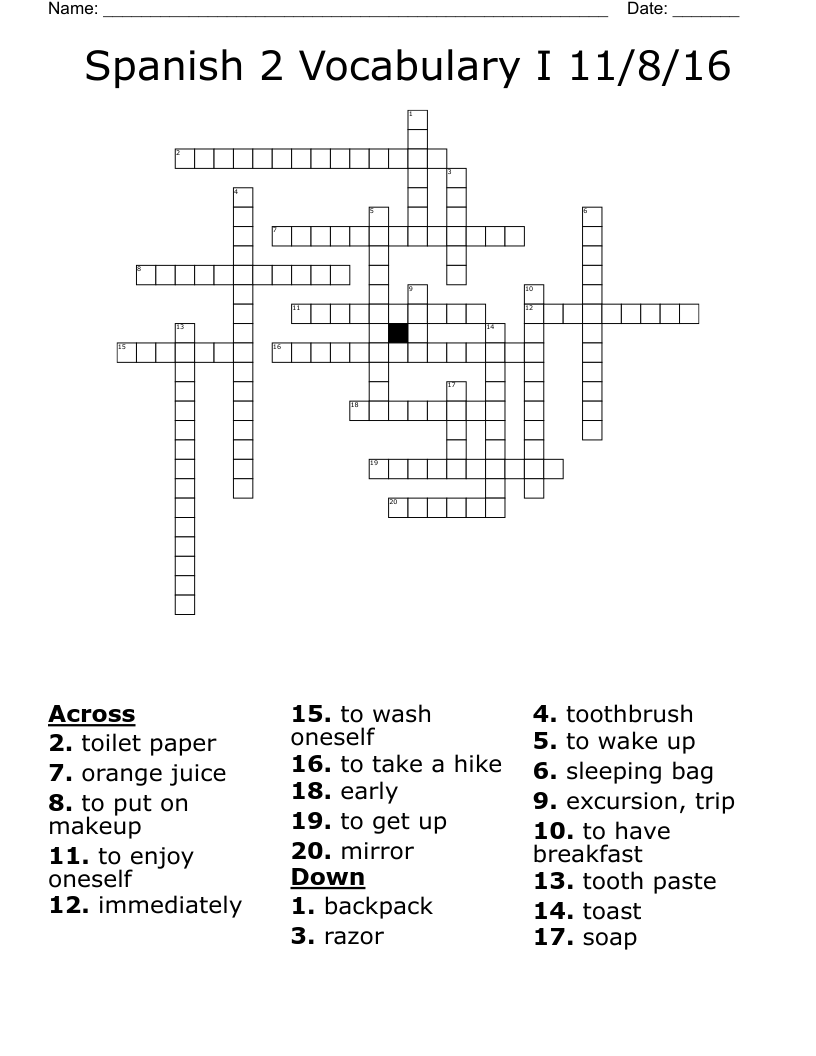 Spanish 2 Vocabulary I 11/8/16 Crossword
