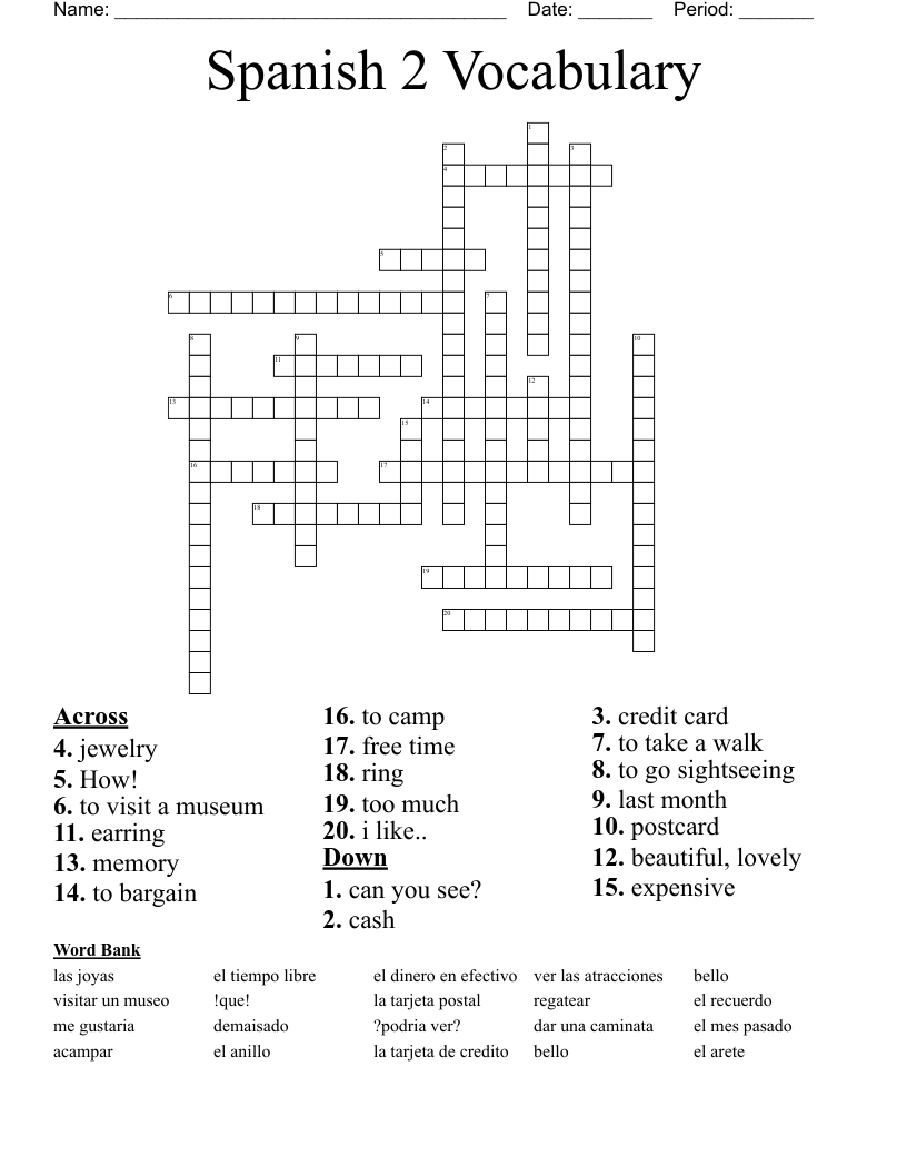 Spanish 2 Vocabulary  Crossword
