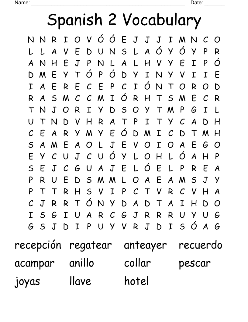 Spanish 2 Vocabulary  Word Search