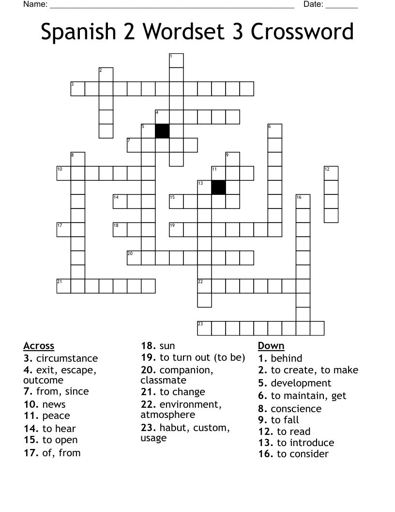 Spanish 2 Wordset 3 Crossword