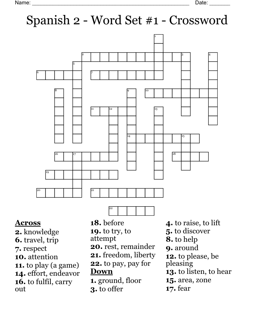 Spanish 2 - Word Set #1 - Crossword