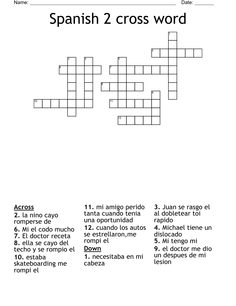 Spanish 2 cross word  