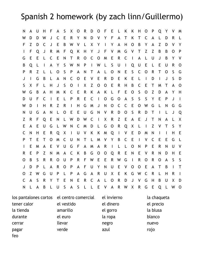 Spanish 2 homework (by zach linn/Guillermo) Word Search
