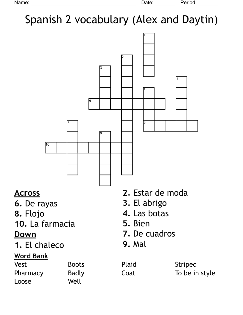 Spanish 2 vocabulary (Alex and Daytin) Crossword