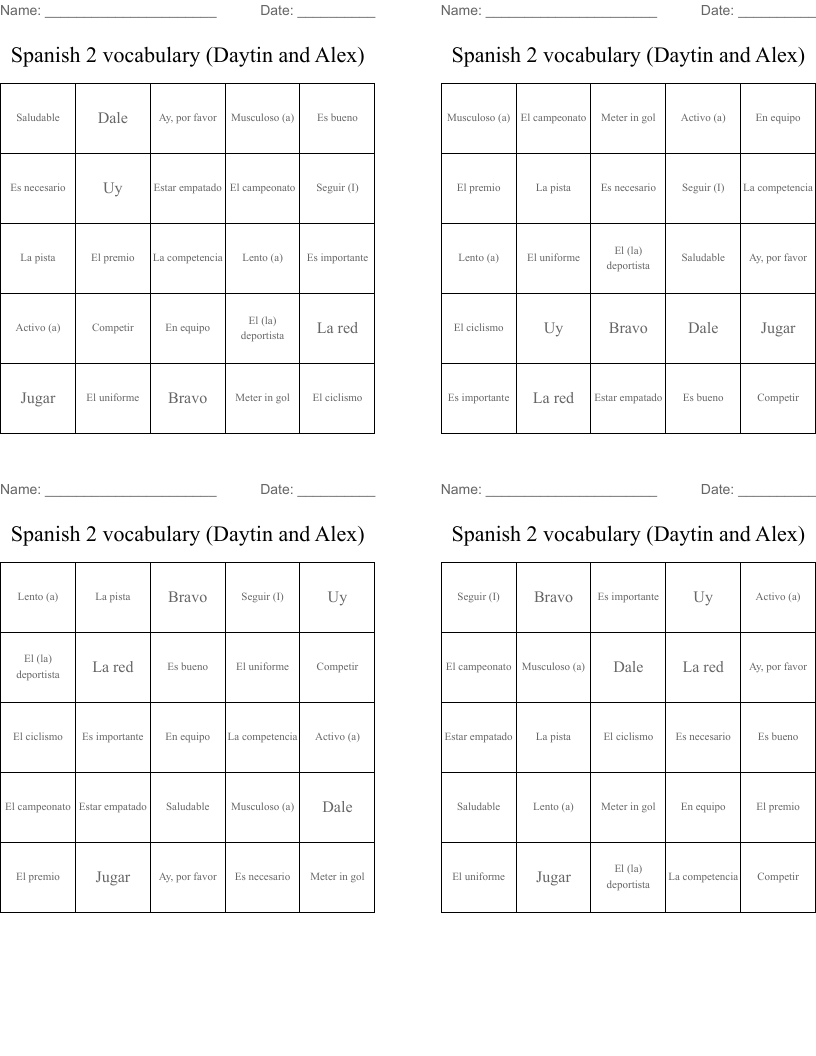 Spanish 2 vocabulary (Daytin and Alex) Bingo Cards