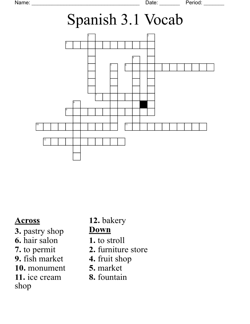 Spanish 3.1 Vocab Crossword