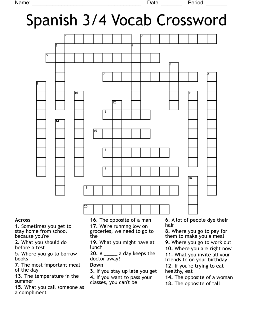 Spanish 3/4 Vocab Crossword