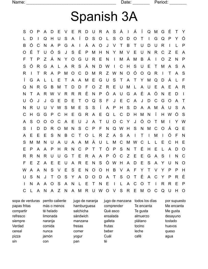 Spanish 3A Word Search