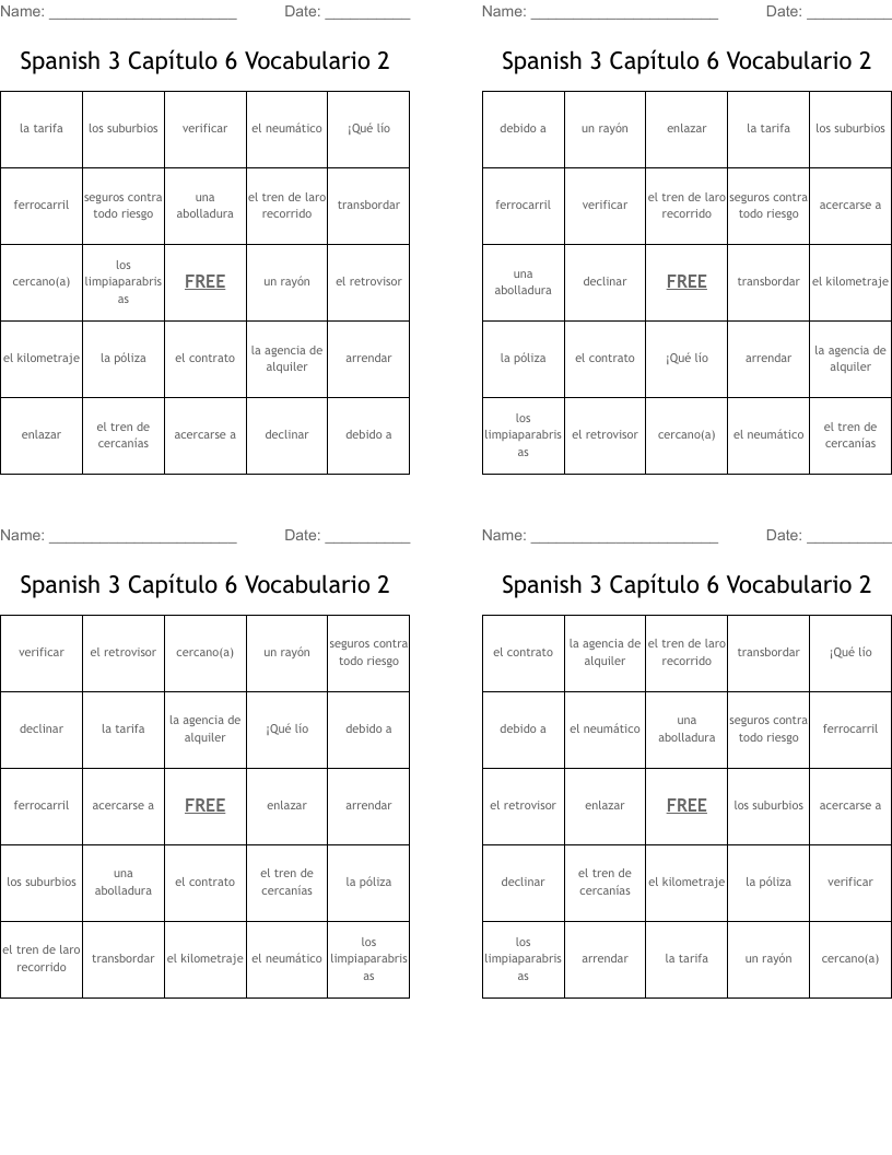 Spanish 3 Capítulo 6 Vocabulario 2 Bingo Cards