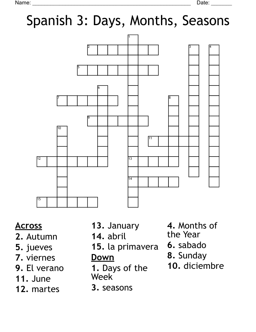 Spanish 3: Days, Months, Seasons Crossword
