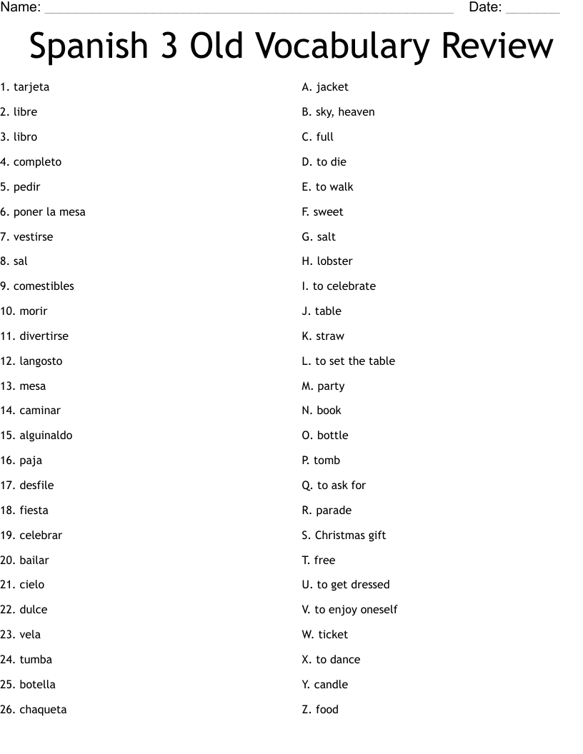 Spanish 3 Old Vocabulary Review Worksheet