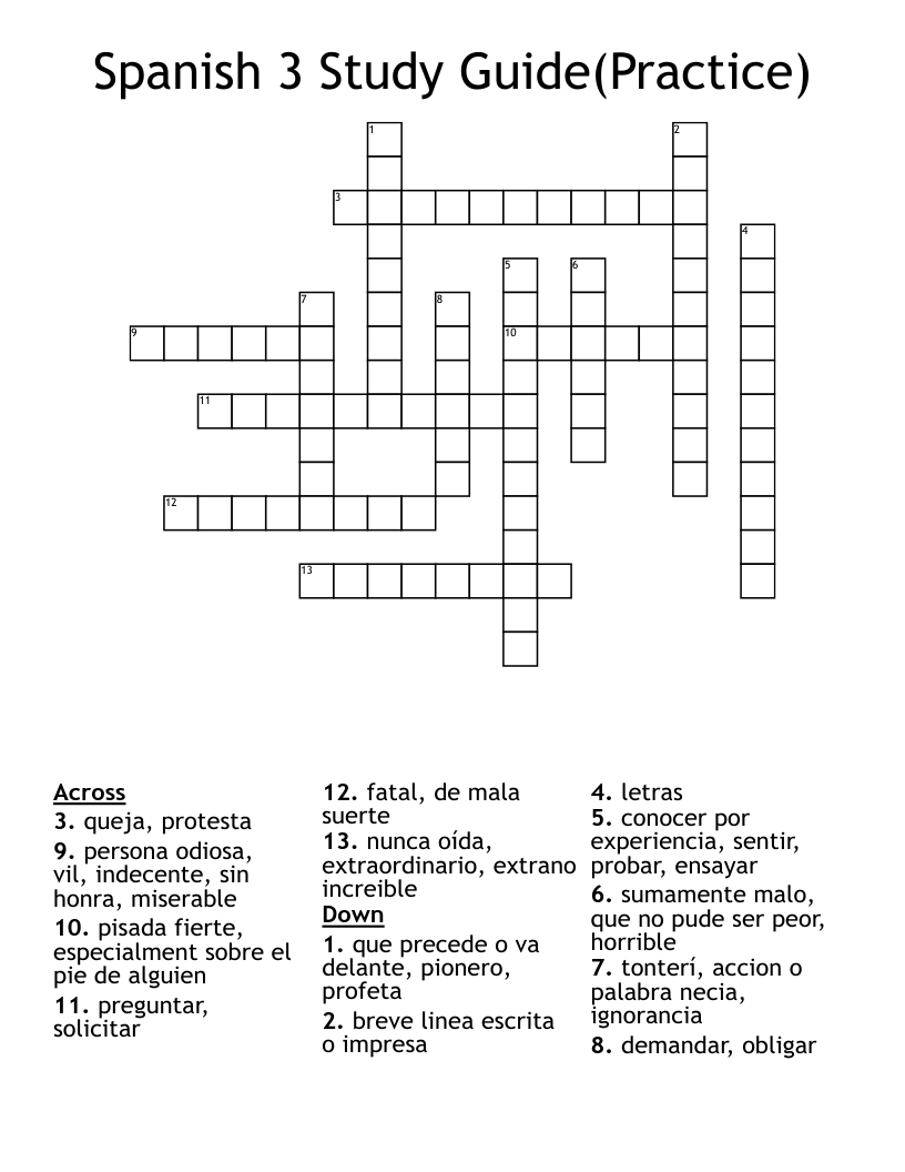 Spanish 3 Study Guide(Practice) Crossword